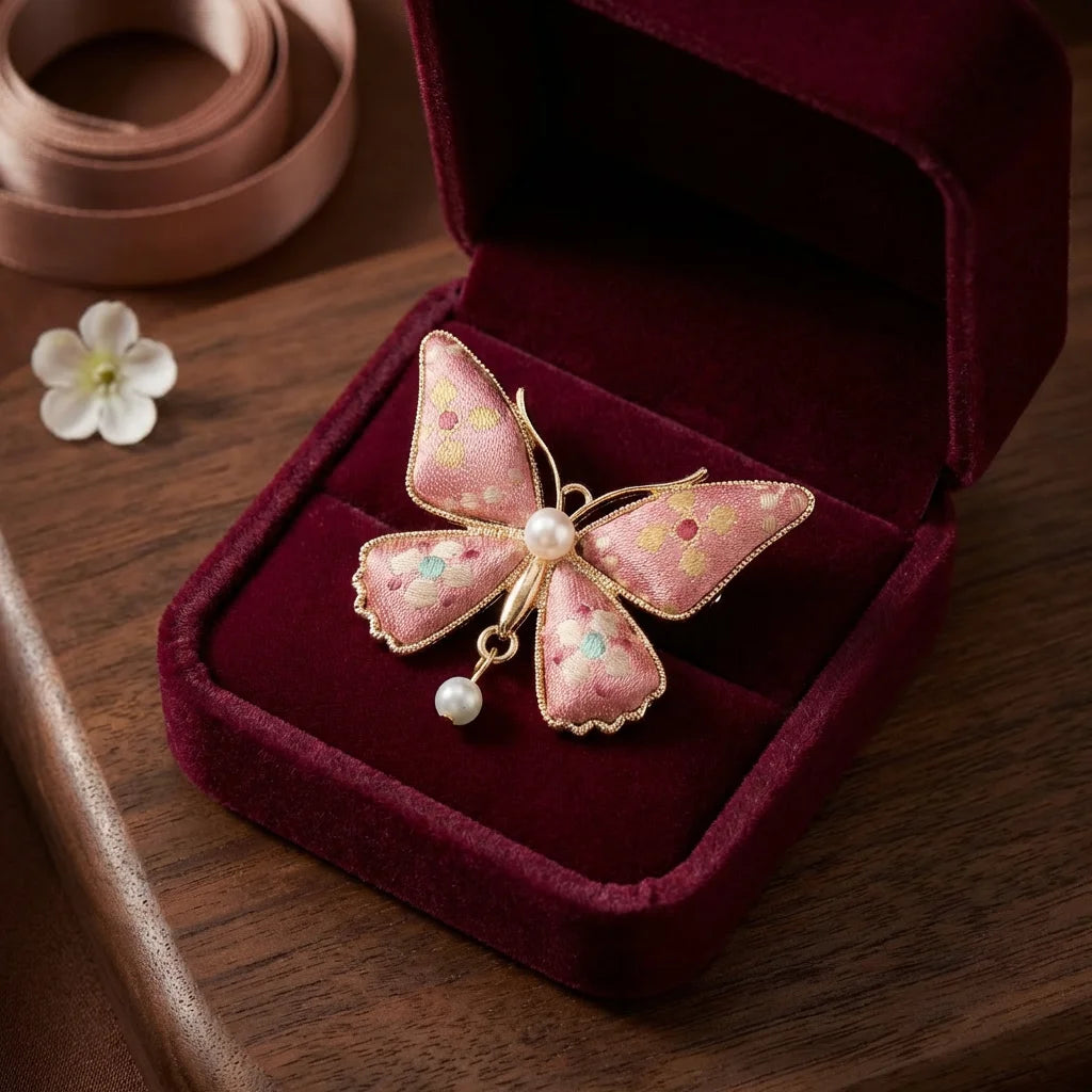 Pink Butterfly Shu Brocade Silk Brooch — JinXu Atelier gift box burgundy velvet packaging BOX