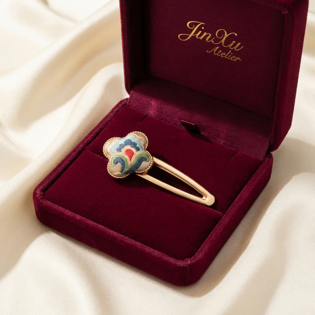 Clover Silk Brocade Snap Hair Clip — Cloud Motif JinXu Atelier gift box burgundy velvet packaging BOX