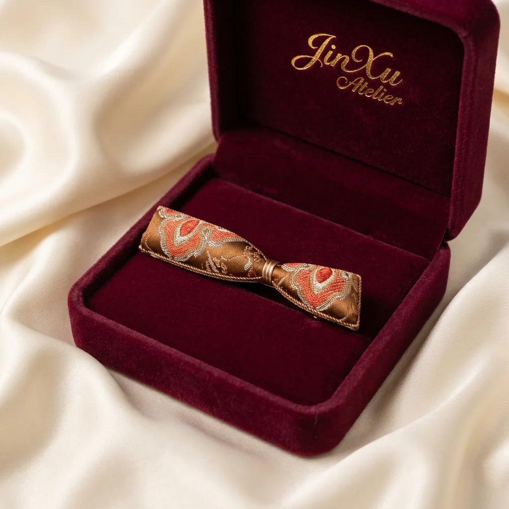 Bow Silk Brocade Hair Clip — Terracotta JinXu Atelier gift box burgundy velvet packaging BOX