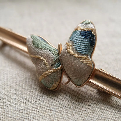 Butterfly Bar Clip — Sage Blue Shu Brocade 45 degree weave TEXTURE close-up detail