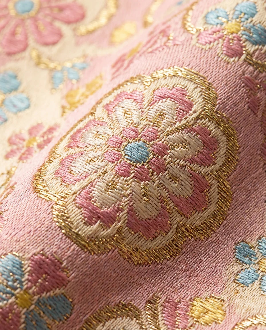 Shu Brocade texture close-up — pink silk weave detail hand-loomed Chengdu artisan