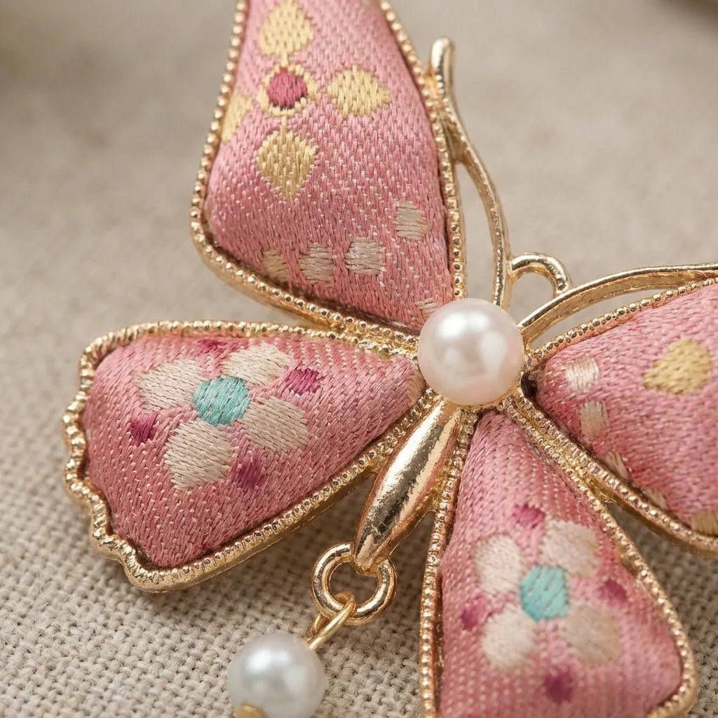 Pink Butterfly Shu Brocade Silk Brooch — 45 degree weave TEXTURE close-up detail