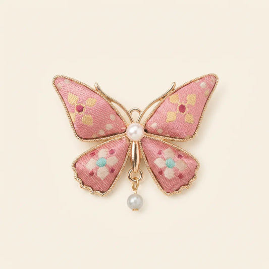 Pink Butterfly Shu Brocade Silk Brooch — ivory background HERO handcrafted