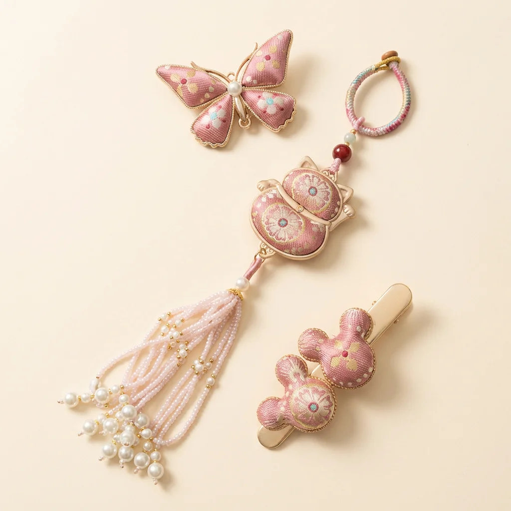 Pink Shu Brocade Gift Set flat lay — ivory background all 3 pieces