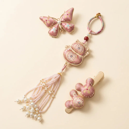 Pink Shu Brocade Gift Set flat lay — ivory background all 3 pieces