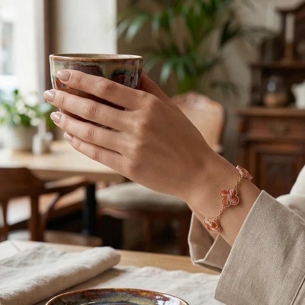 Clover Silk Brocade Chain Bracelet — Terracotta worn on wrist with tea cup SCENE lifestyle