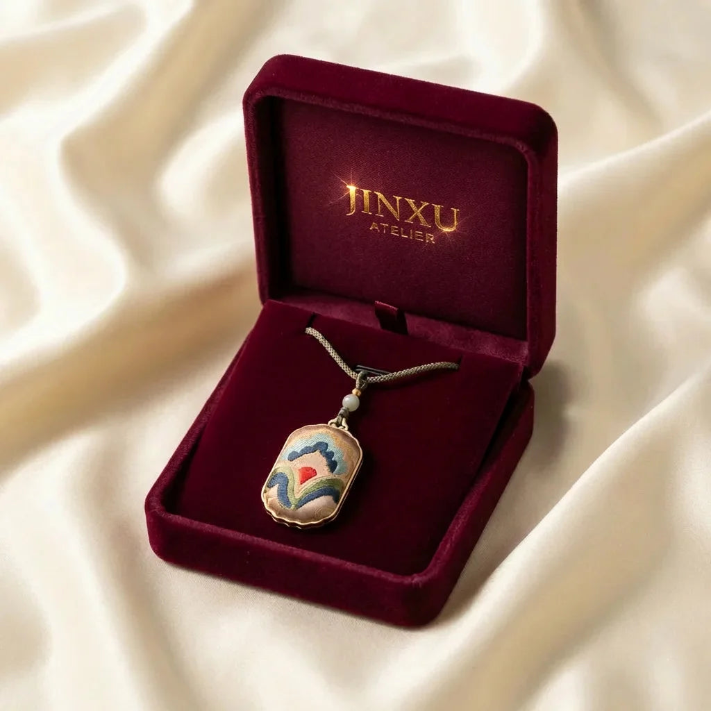 Shu Brocade Rectangular Pendant Necklace — JinXu Atelier gift box luxury burgundy velvet BOX