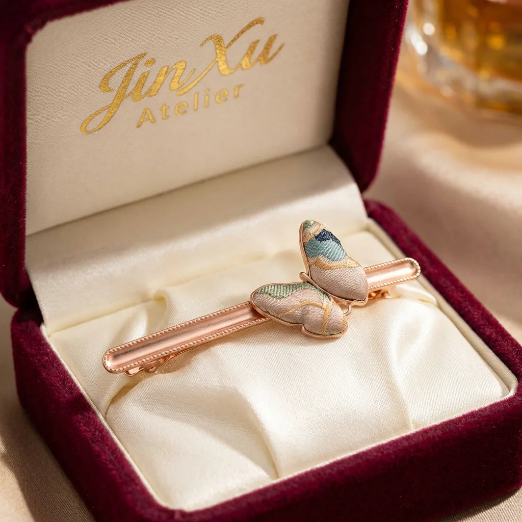 Butterfly Bar Clip — Sage Blue Shu Brocade JinXu Atelier gift box burgundy velvet packaging BOX