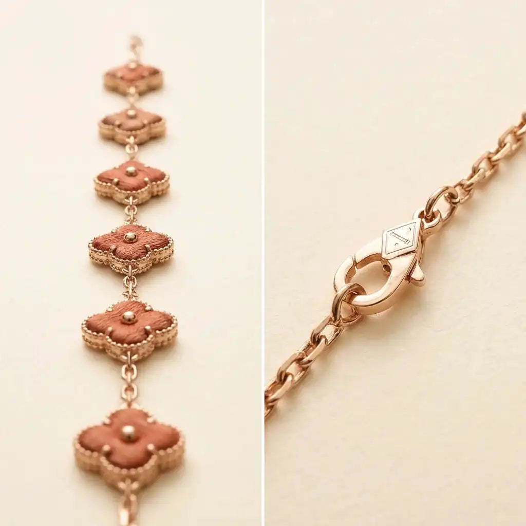 Clover Silk Brocade Chain Bracelet — Terracotta weave texture and rose gold clasp detail TEXTURE