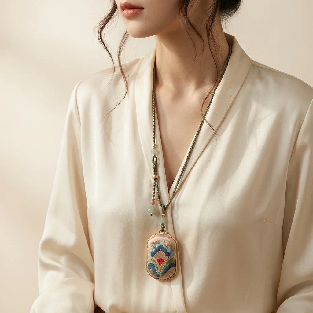 Shu Brocade Rectangular Pendant Necklace — Cloud Motif worn by model palace aesthetic SCENE lifestyle