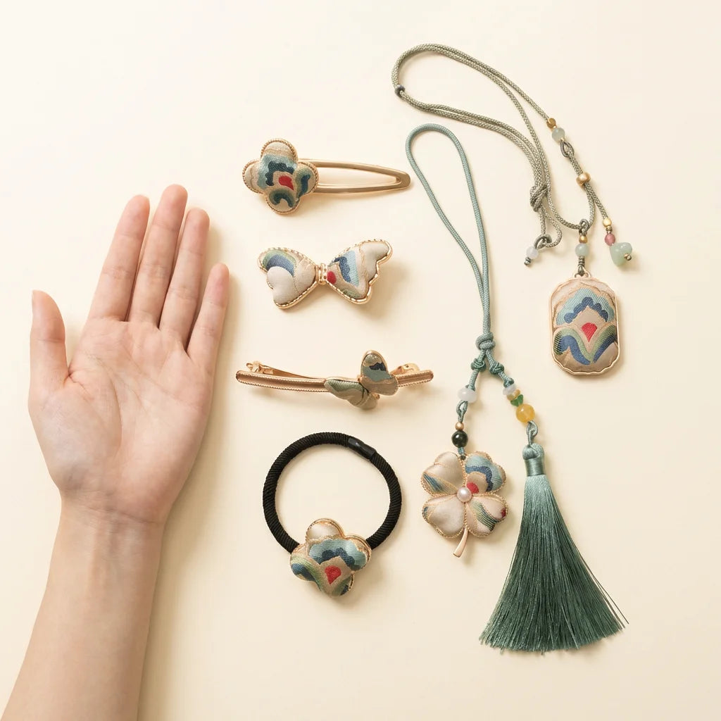 Sage Green Silk Brocade Gift Set 6 jewelry items size reference with hand scale following brand reference SIZE