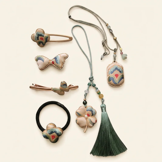 Sage Green Silk Brocade Gift Set — 6 items (Necklace, Clover Tassel, Clips, Tie) ivory background HERO handcrafted perfected