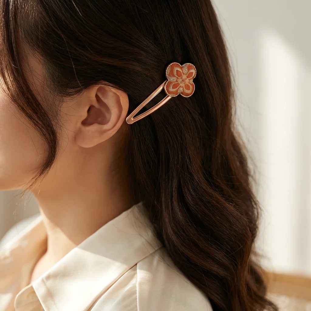 Clover Silk Brocade Snap Hair Clip — Terracotta worn in hair lifestyle SCENE elegant