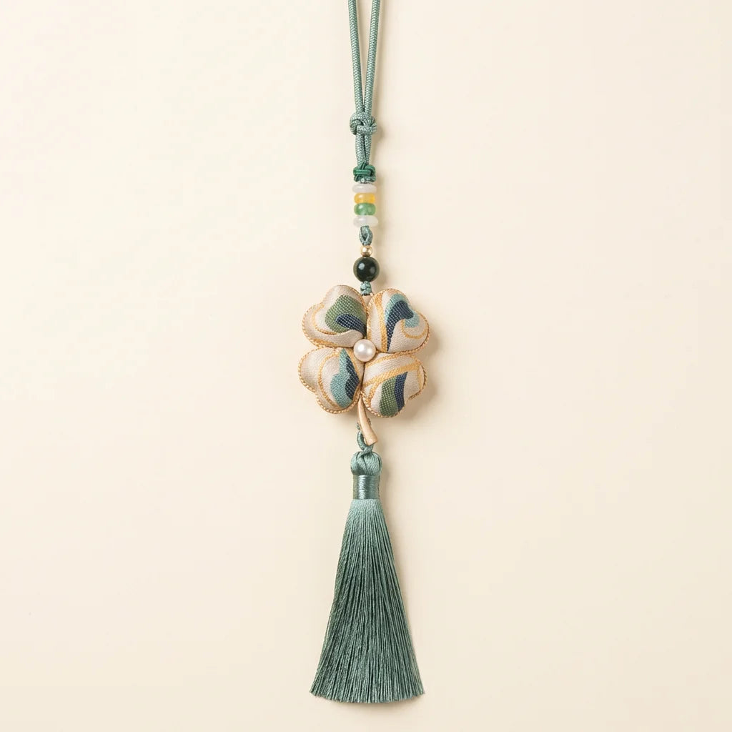 Clover Silk Brocade Phone Charm — Sage Blue ivory background HERO handcrafted