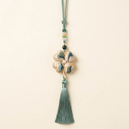 Clover Silk Brocade Phone Charm — Sage Blue ivory background HERO handcrafted