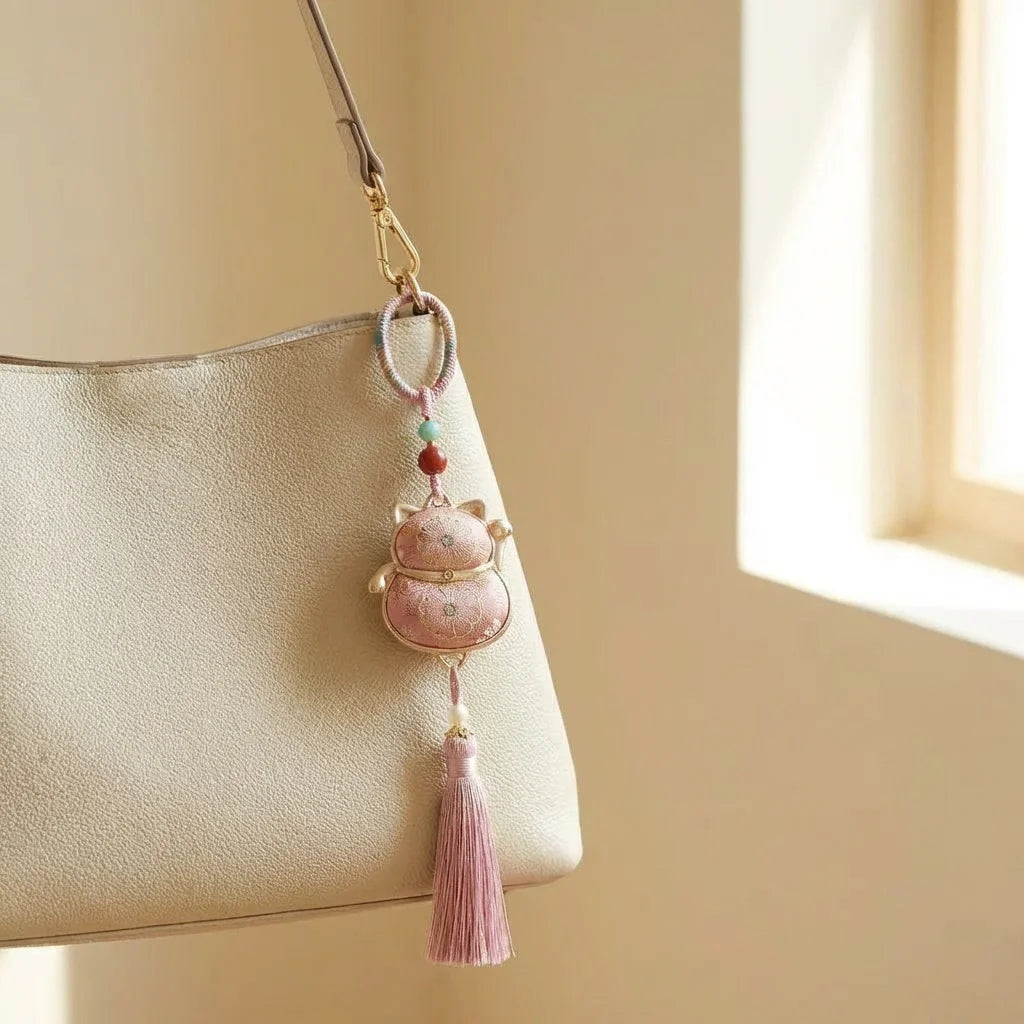 Pink Lucky Cat Fortune Knot Tassel Charm — lifestyle scene on bag