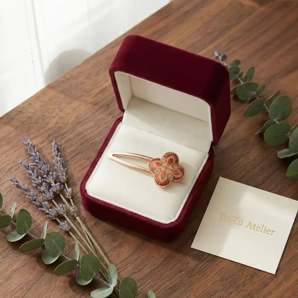 Clover Silk Brocade Snap Hair Clip — Terracotta JinXu Atelier gift box burgundy velvet packaging BOX