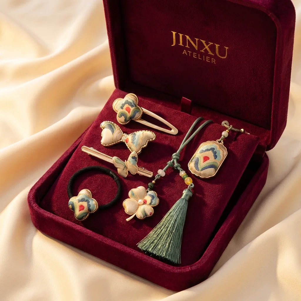 Sage Green Silk Brocade Gift Set 6 items inside JinXu Atelier burgundy velvet gift box luxury packaging BOX