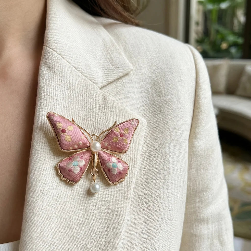Pink Butterfly Shu Brocade Silk Brooch — worn on linen blazer SCENE lifestyle