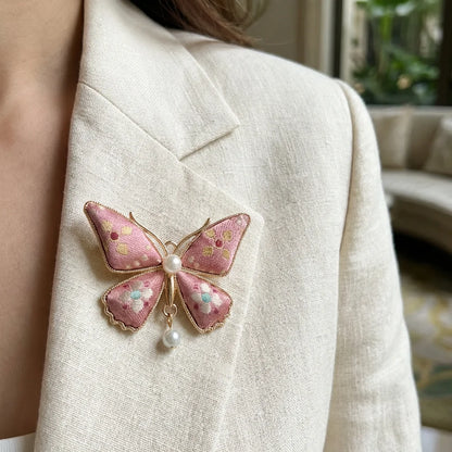 Pink Butterfly Shu Brocade Silk Brooch — worn on linen blazer SCENE lifestyle