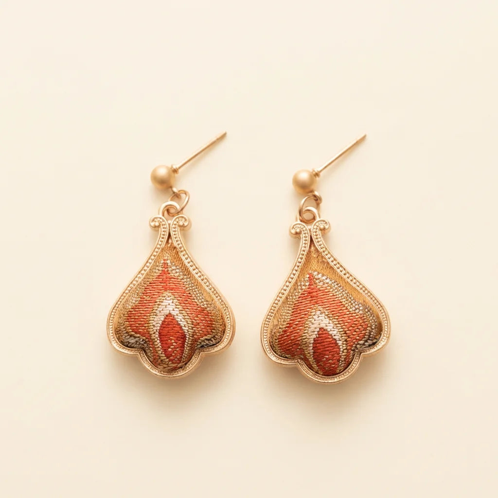 Terracotta Shu Brocade Teardrop Drop Earrings — ivory background handcrafted Chengdu