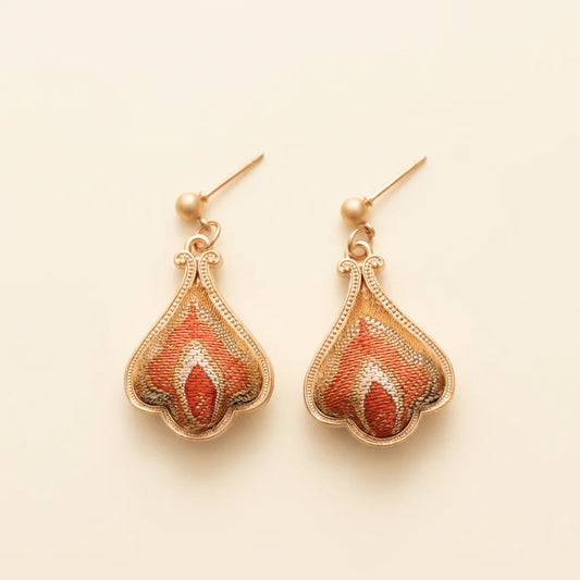 Terracotta Shu Brocade Teardrop Drop Earrings — ivory background handcrafted Chengdu