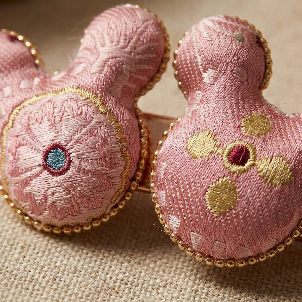 Pink Blossom Mickey Silk Hair Clip — 45 degree weave TEXTURE close-up