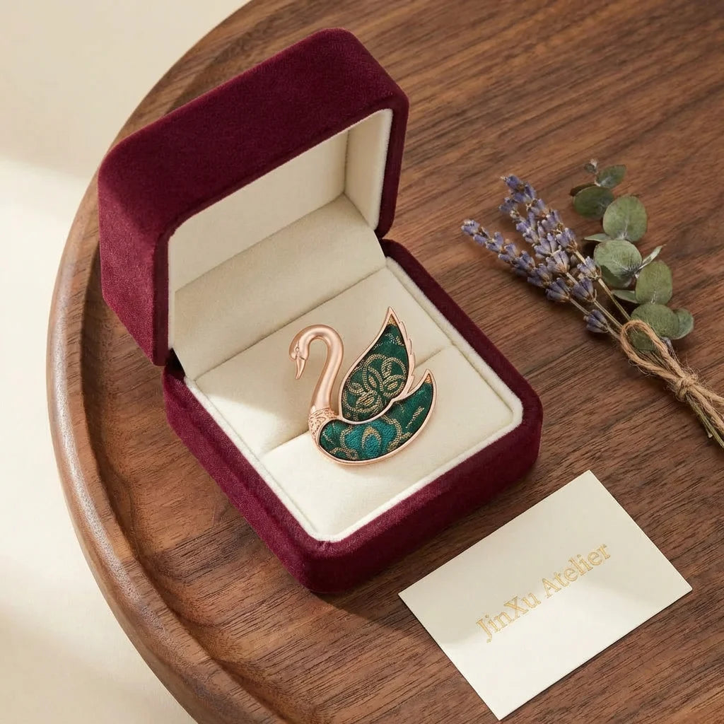Emerald Green Shu Brocade Swan Brooch — JinXu Atelier gift box packaging