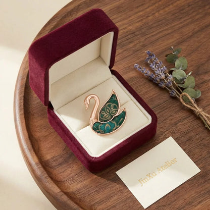 Emerald Green Shu Brocade Swan Brooch — JinXu Atelier gift box packaging