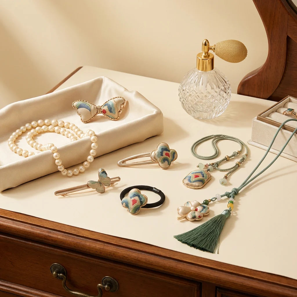 Sage Green Silk Brocade Gift Set jewelry on vanity lifestyle scene with elegant accessories SCENE