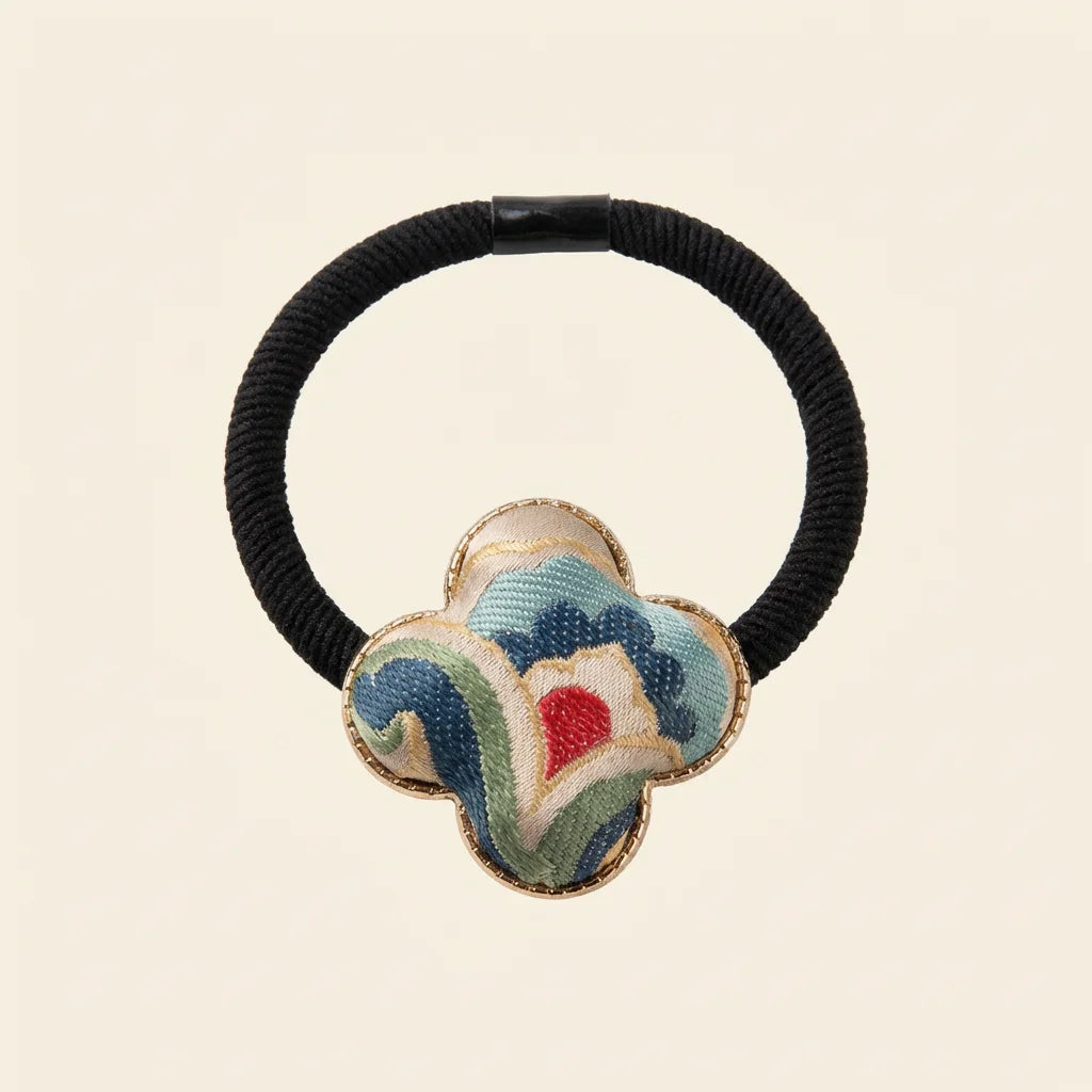 Clover Silk Brocade Hair Tie — Cloud Motif ivory background HERO handcrafted