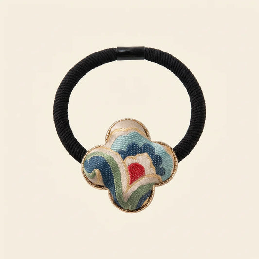 Clover Silk Brocade Hair Tie — Cloud Motif ivory background HERO handcrafted