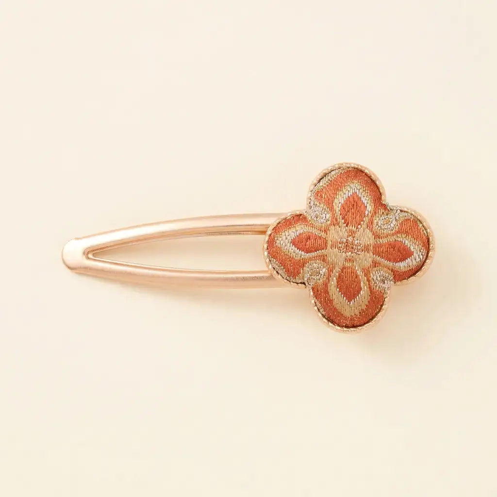 Clover Silk Brocade Snap Hair Clip — Terracotta orange ivory background HERO handcrafted