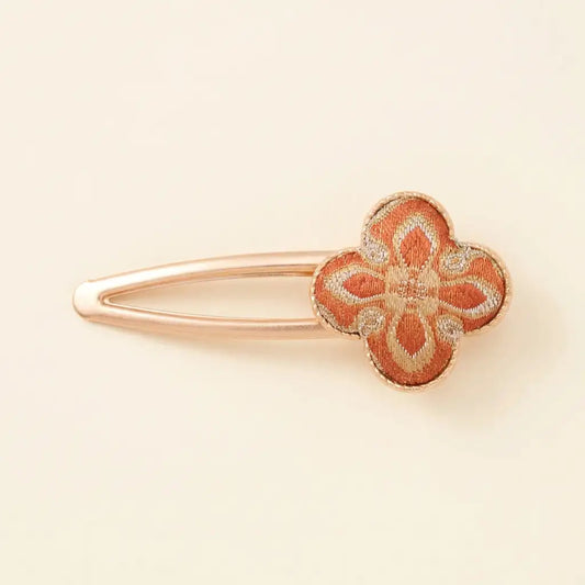 Clover Silk Brocade Snap Hair Clip — Terracotta orange ivory background HERO handcrafted