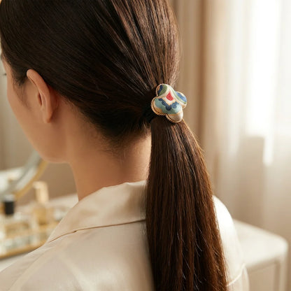 Clover Silk Brocade Hair Tie — Cloud Motif worn on ponytail SCENE lifestyle
