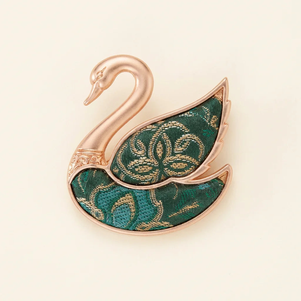 Emerald Green Shu Brocade Swan Brooch — ivory background handcrafted Chengdu