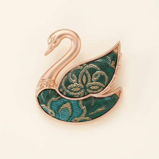 Emerald Green Shu Brocade Swan Brooch — ivory background handcrafted Chengdu