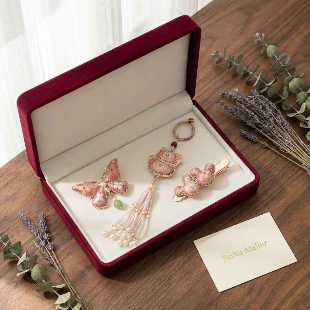 Pink Shu Brocade Gift Set Lucky Cat Butterfly Mickey — JinXu Atelier gift box burgundy velvet packaging Chengdu artisan