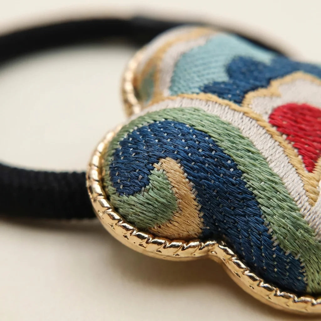 Clover Silk Brocade Hair Tie — Cloud Motif silk weave TEXTURE close-up detail