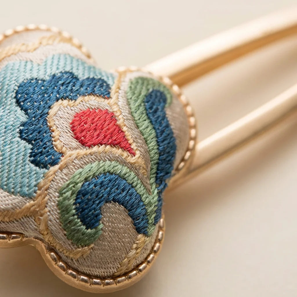Clover Silk Brocade Snap Hair Clip — Cloud Motif silk weave TEXTURE close-up detail
