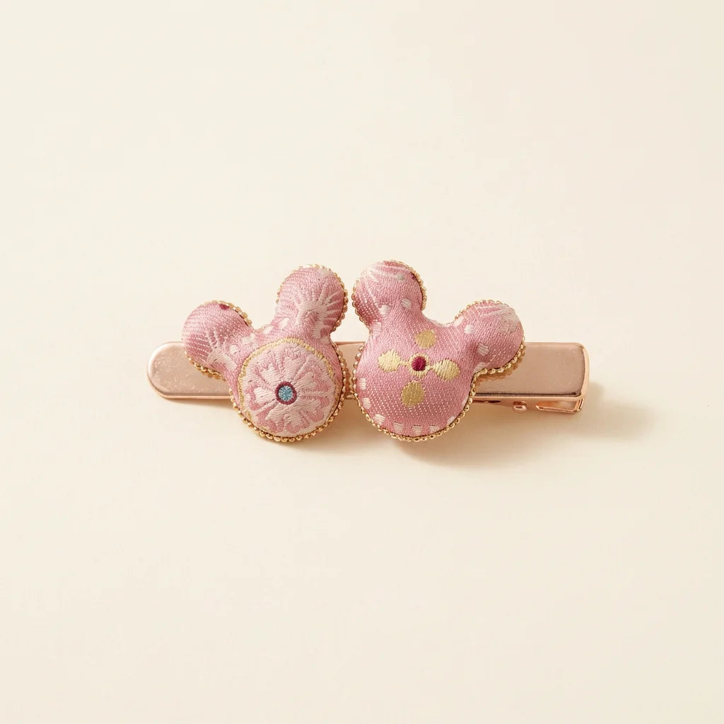 Pink Blossom Mickey Silk Hair Clip — ivory background HERO handcrafted