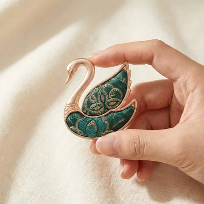 Emerald Green Shu Brocade Swan Brooch size reference — held in hand scale