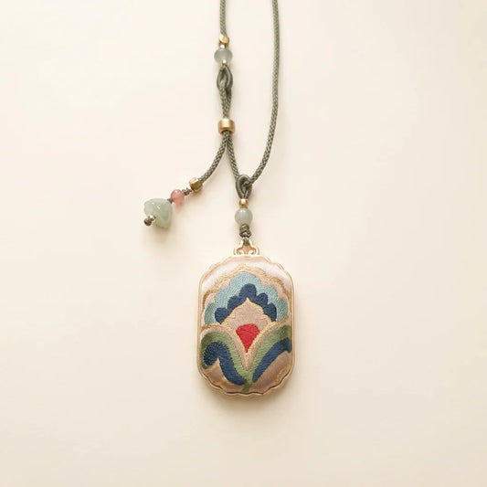 Shu Brocade Rectangular Pendant Necklace — Cloud Motif ivory background HERO handcrafted perfected