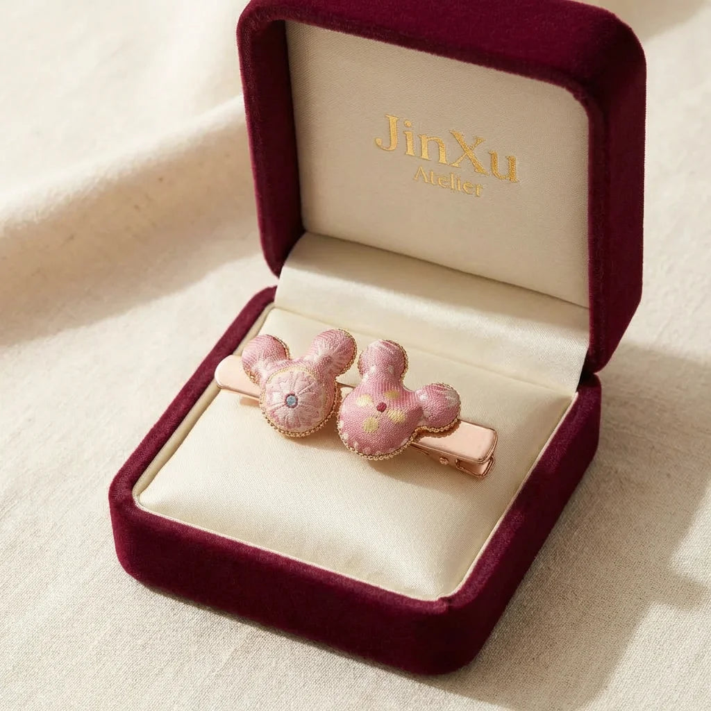 Pink Blossom Mickey Silk Hair Clip — JinXu Atelier gift box burgundy velvet packaging BOX