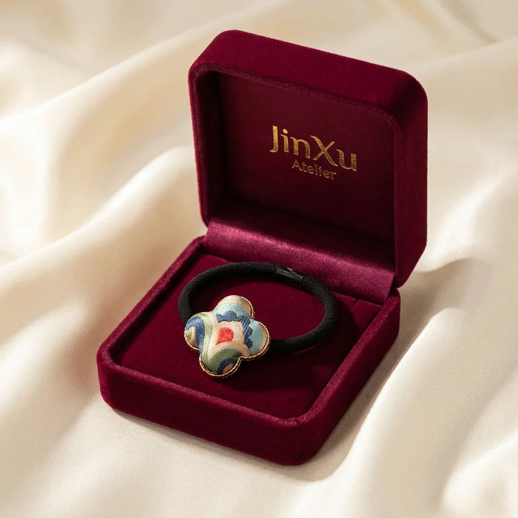 Clover Silk Brocade Hair Tie — Cloud Motif JinXu Atelier gift box burgundy velvet packaging BOX