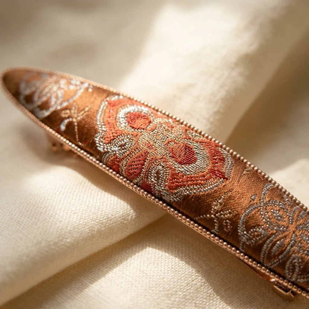 Terracotta Shu Brocade Elongated Boat Barrette — silk weave texture close-up detail