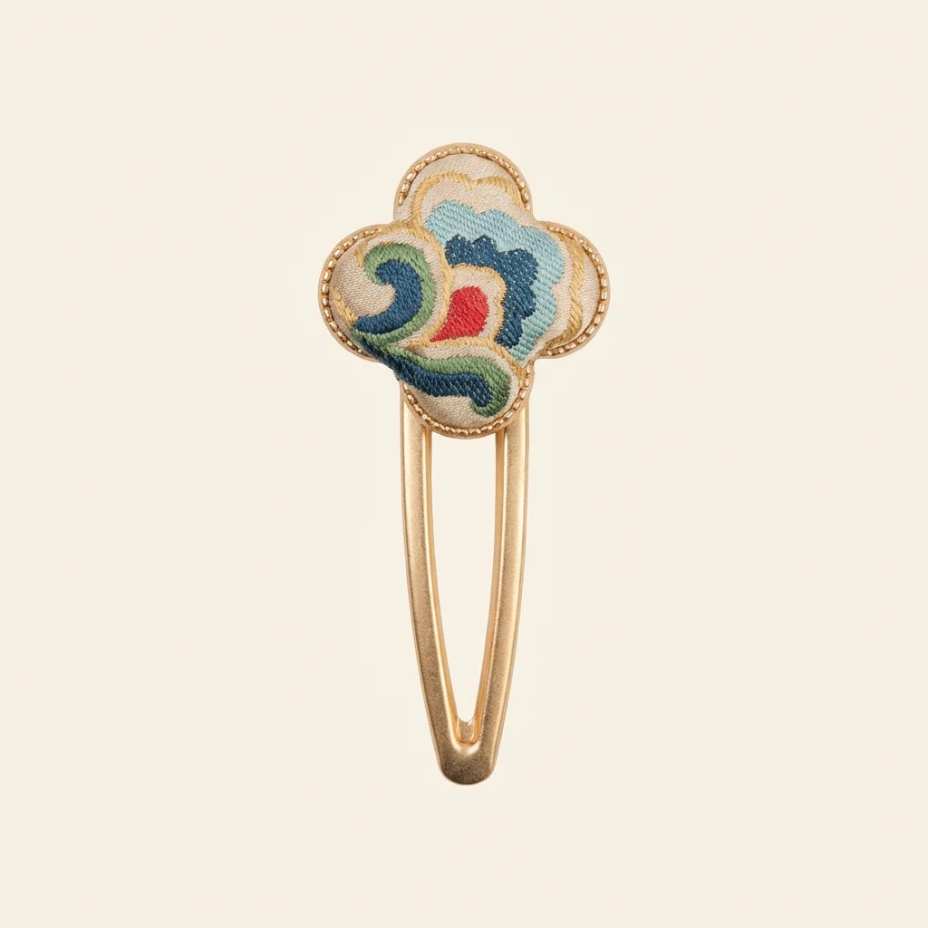 Clover Silk Brocade Snap Hair Clip — Cloud Motif ivory background HERO handcrafted