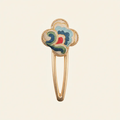 Clover Silk Brocade Snap Hair Clip — Cloud Motif ivory background HERO handcrafted