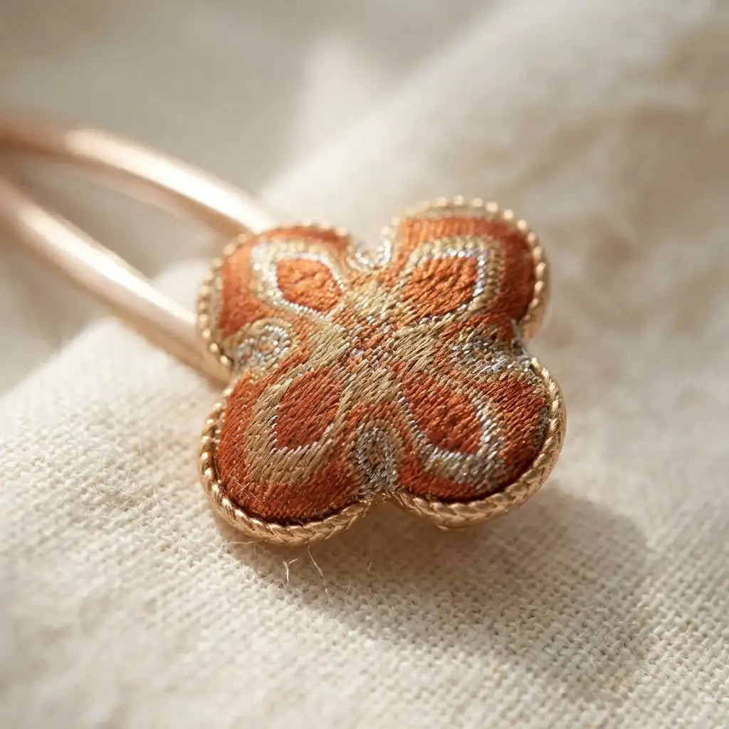 Clover Silk Brocade Snap Hair Clip — Terracotta 45 degree weave TEXTURE close-up detail