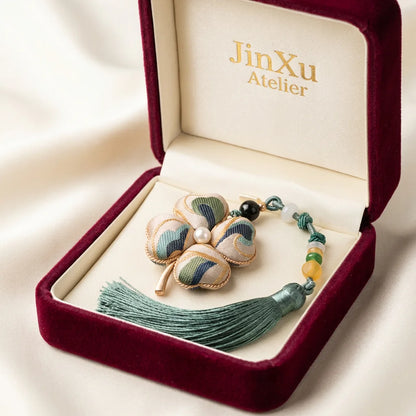 Clover Silk Brocade Phone Charm — Sage Blue JinXu Atelier gift box burgundy velvet packaging BOX